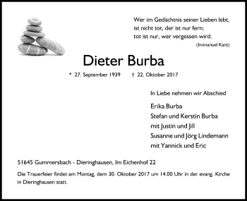 Anzeige von Dieter Burba von Kölner Stadt-Anzeiger / Kölnische Rundschau / Express