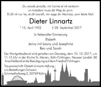 Anzeige von Dieter Linnartz von Kölner Stadt-Anzeiger / Kölnische Rundschau / Express