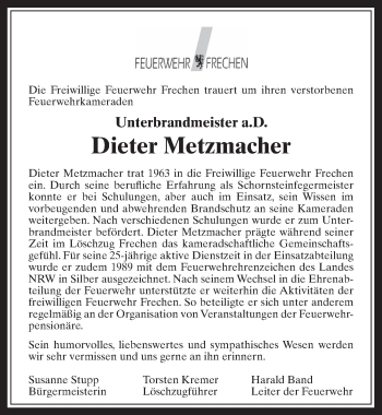 Anzeige von Dieter Metzmacher von  Wochenende 