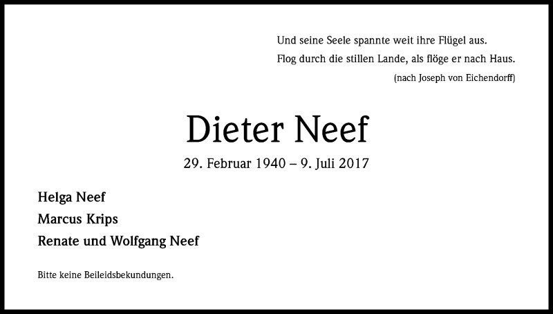  Traueranzeige für Dieter Neef vom 17.10.2017 aus Kölner Stadt-Anzeiger / Kölnische Rundschau / Express