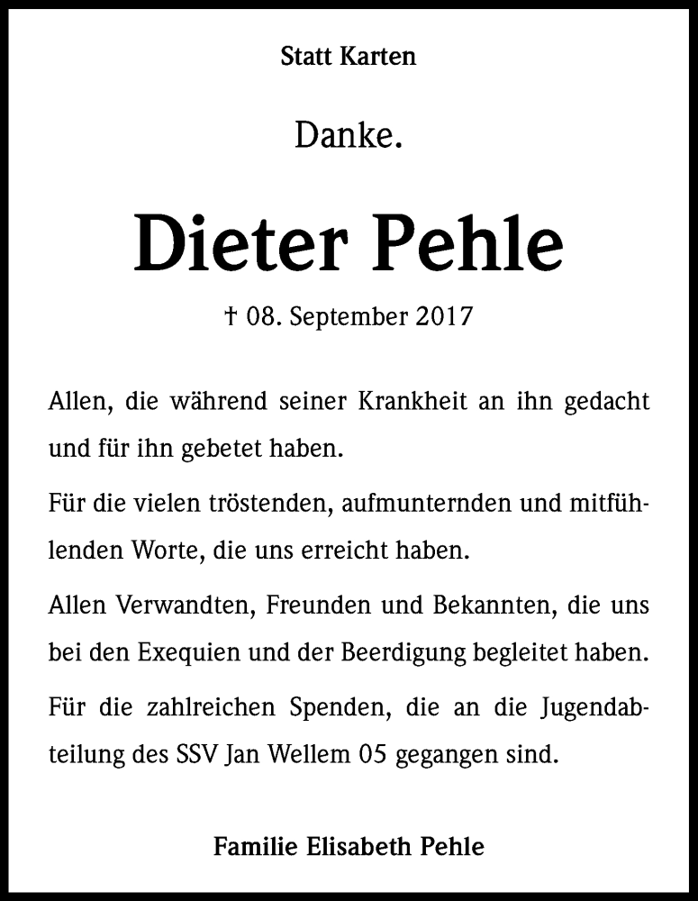  Traueranzeige für Dieter Pehle vom 14.10.2017 aus Kölner Stadt-Anzeiger / Kölnische Rundschau / Express