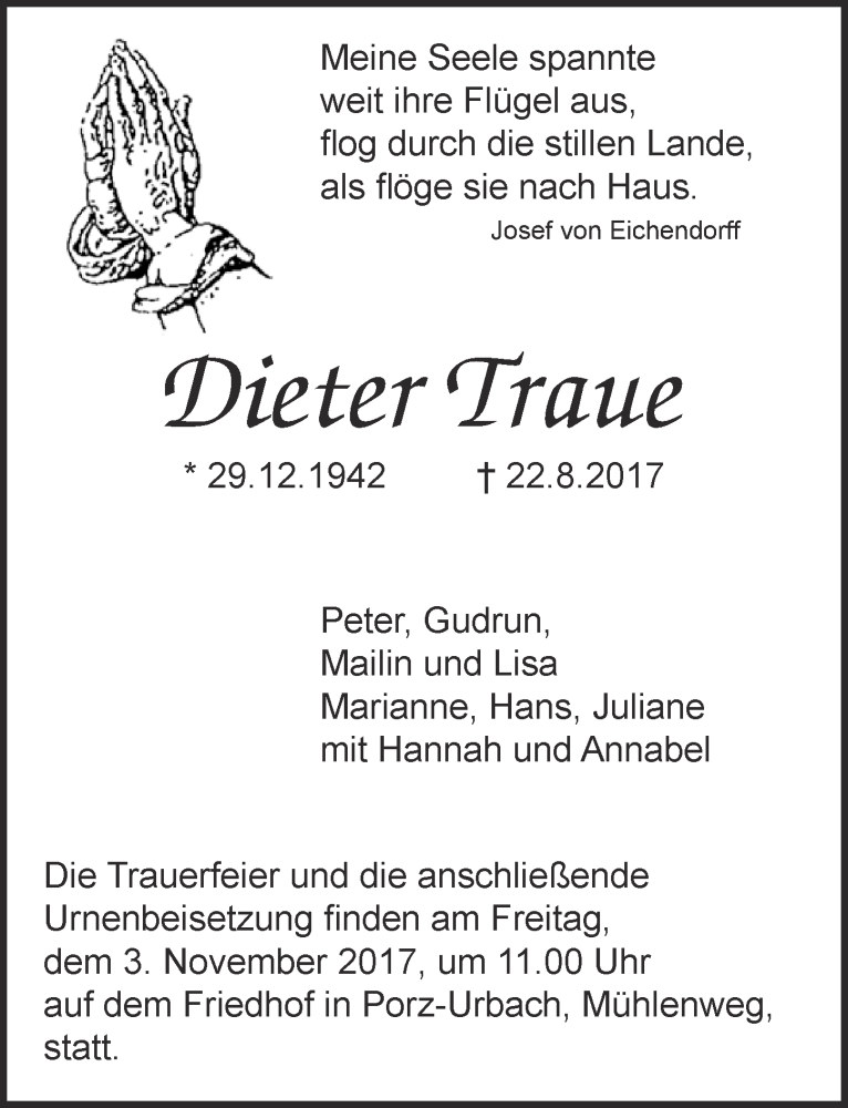  Traueranzeige für Dieter Traue vom 25.10.2017 aus  Kölner Wochenspiegel 