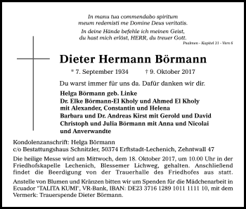 Anzeige von Dieter Hermann Börmann von Kölner Stadt-Anzeiger / Kölnische Rundschau / Express