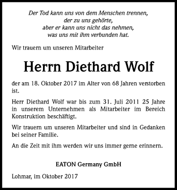 Anzeige von Diethard Wolf von Kölner Stadt-Anzeiger / Kölnische Rundschau / Express