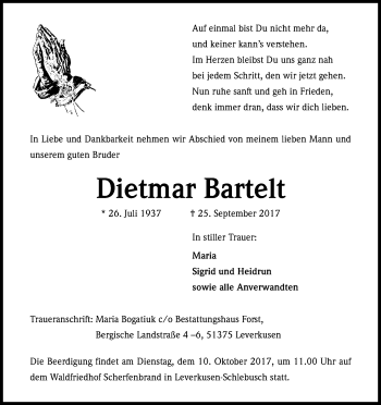 Anzeige von Dietmar Bartelt von Kölner Stadt-Anzeiger / Kölnische Rundschau / Express