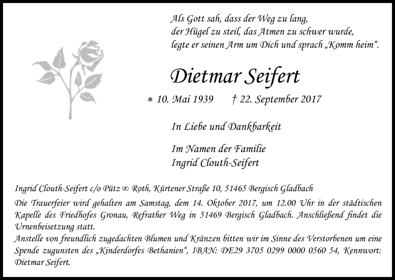  Traueranzeige für Dietmar Seifert vom 06.10.2017 aus Kölner Stadt-Anzeiger / Kölnische Rundschau / Express
