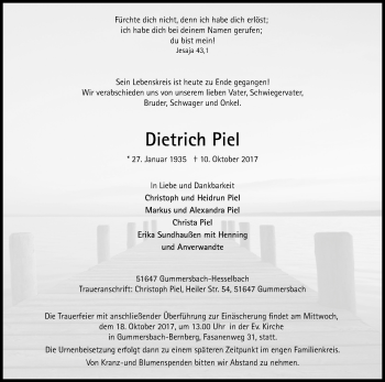 Anzeige von Dietrich Piel von Kölner Stadt-Anzeiger / Kölnische Rundschau / Express