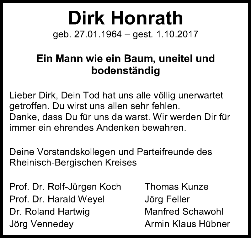  Traueranzeige für Dirk Honrath vom 12.10.2017 aus Kölner Stadt-Anzeiger / Kölnische Rundschau / Express