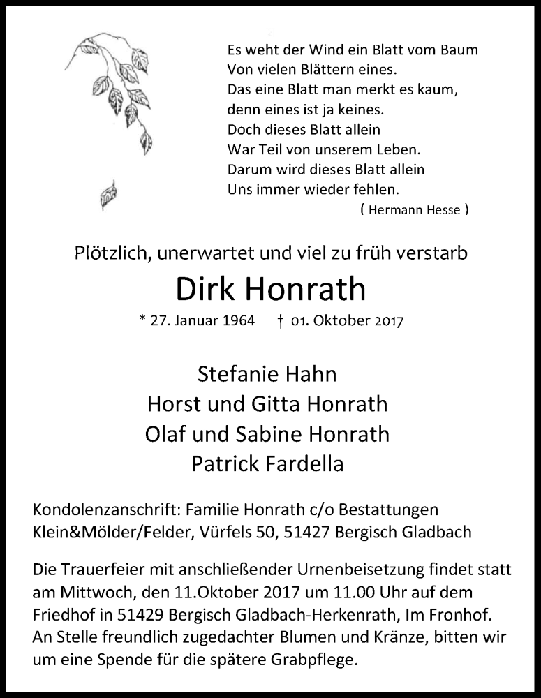  Traueranzeige für Dirk Honrath vom 07.10.2017 aus Kölner Stadt-Anzeiger / Kölnische Rundschau / Express