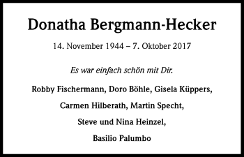 Anzeige von Donatha Bergmann-Hecker von Kölner Stadt-Anzeiger / Kölnische Rundschau / Express