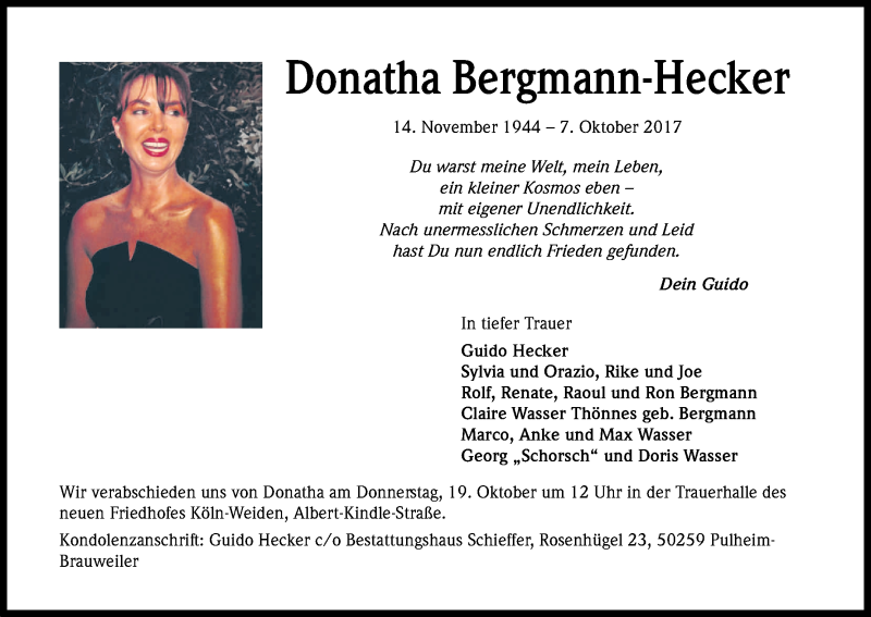  Traueranzeige für Donatha Bergmann-Hecker vom 14.10.2017 aus Kölner Stadt-Anzeiger / Kölnische Rundschau / Express