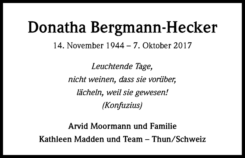  Traueranzeige für Donatha Bergmann-Hecker vom 14.10.2017 aus Kölner Stadt-Anzeiger / Kölnische Rundschau / Express