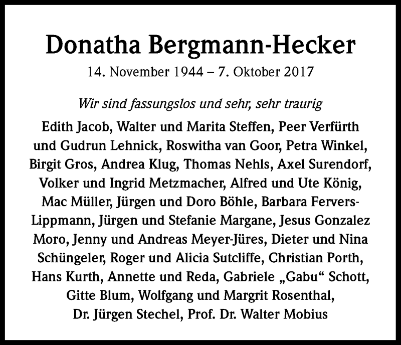  Traueranzeige für Donatha Bergmann-Hecker vom 14.10.2017 aus Kölner Stadt-Anzeiger / Kölnische Rundschau / Express