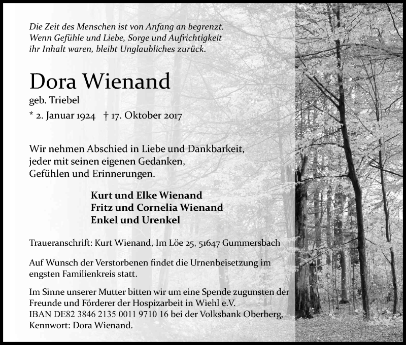  Traueranzeige für Dora Wienand vom 21.10.2017 aus Kölner Stadt-Anzeiger / Kölnische Rundschau / Express