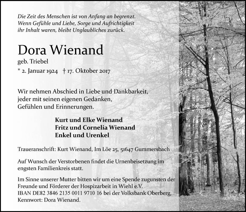  Traueranzeige für Dora Wienand vom 25.10.2017 aus  Anzeigen Echo 