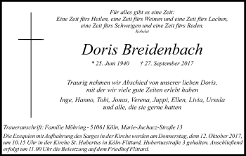 Anzeige von Doris Breidenbach von Kölner Stadt-Anzeiger / Kölnische Rundschau / Express