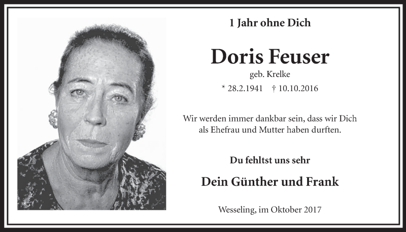  Traueranzeige für Doris Feuser vom 11.10.2017 aus  Schlossbote/Werbekurier 