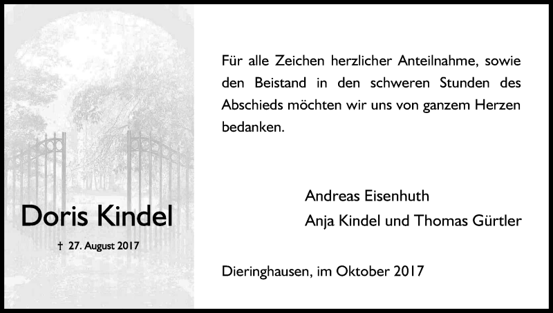  Traueranzeige für Doris Kindel vom 19.10.2017 aus Kölner Stadt-Anzeiger / Kölnische Rundschau / Express