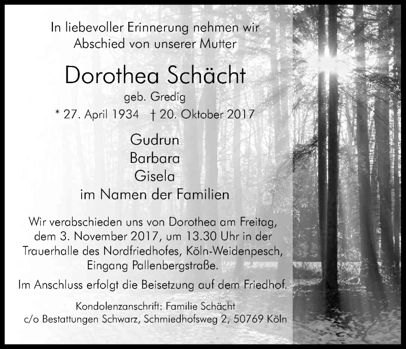  Traueranzeige für Dorothea Schächt vom 28.10.2017 aus Kölner Stadt-Anzeiger / Kölnische Rundschau / Express