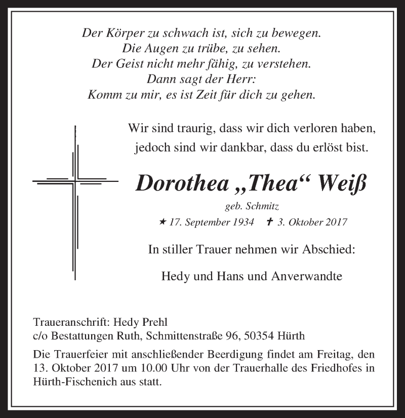  Traueranzeige für Dorothea Weiß vom 11.10.2017 aus  Wochenende 