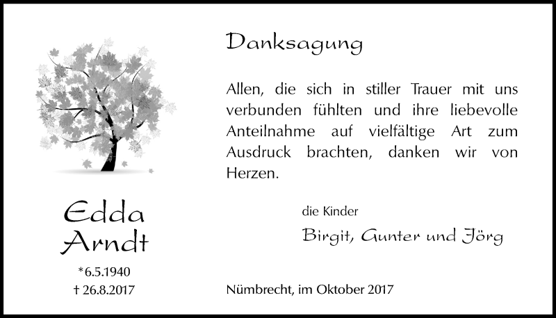  Traueranzeige für Edda Arndt vom 11.10.2017 aus  Lokalanzeiger 