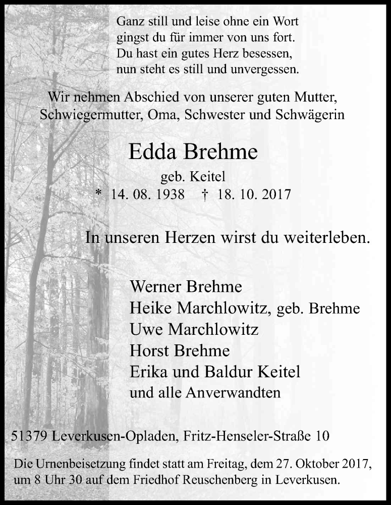  Traueranzeige für Edda Brehme vom 24.10.2017 aus Kölner Stadt-Anzeiger / Kölnische Rundschau / Express