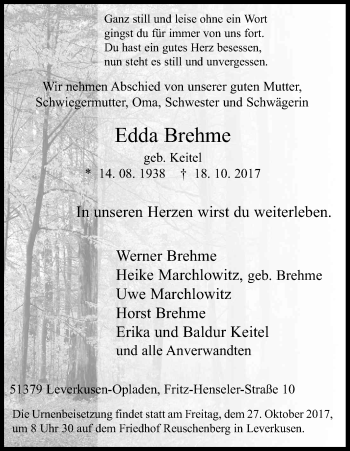 Anzeige von Edda Brehme von Kölner Stadt-Anzeiger / Kölnische Rundschau / Express