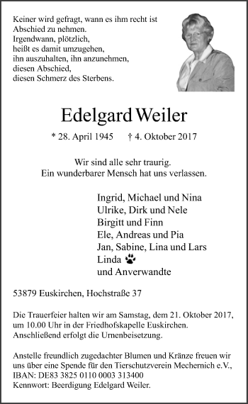 Anzeige von Edelgard Weiler von  Blickpunkt Euskirchen 