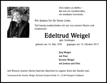 Anzeige von Edeltrud Weigel von Kölner Stadt-Anzeiger / Kölnische Rundschau / Express