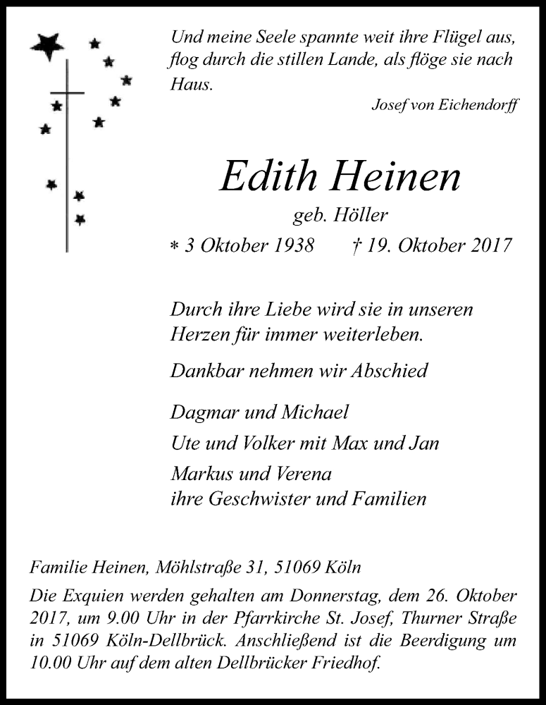  Traueranzeige für Edith Heinen vom 23.10.2017 aus Kölner Stadt-Anzeiger / Kölnische Rundschau / Express