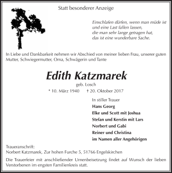Anzeige von Edith Katzmarek von  Anzeigen Echo 