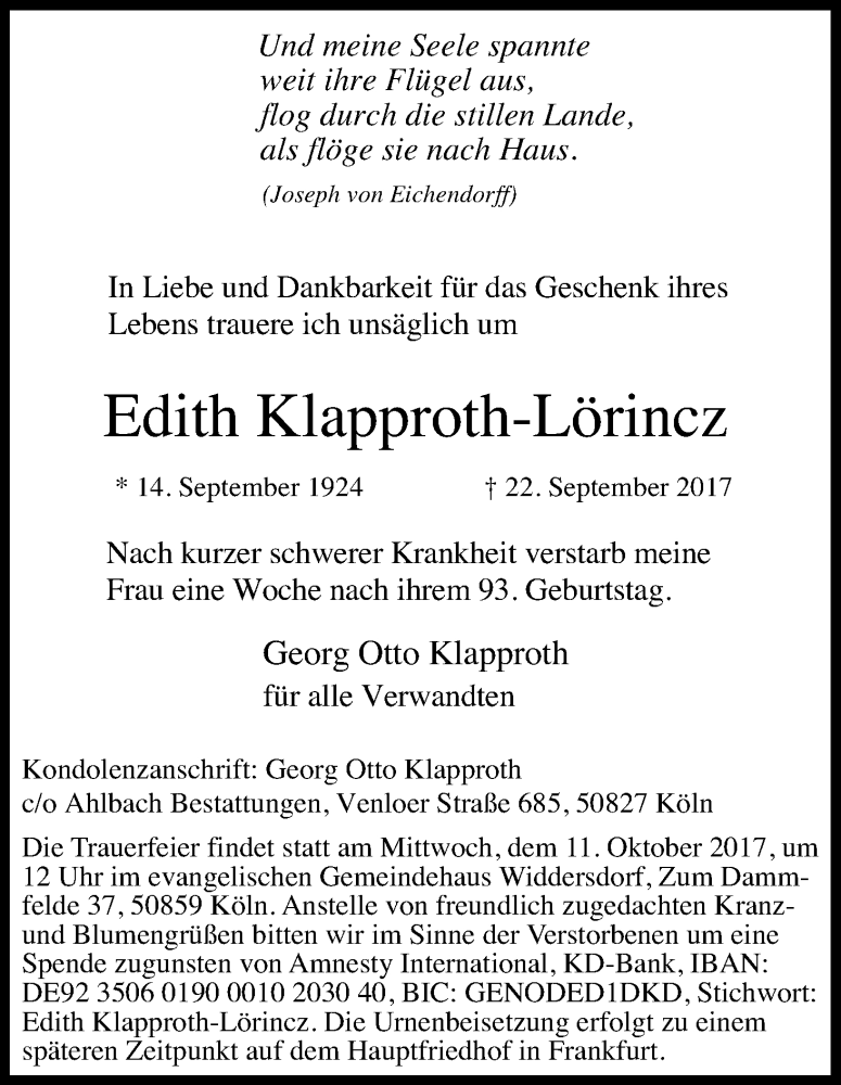  Traueranzeige für Edith Klapproth-Lörincz vom 07.10.2017 aus Kölner Stadt-Anzeiger / Kölnische Rundschau / Express