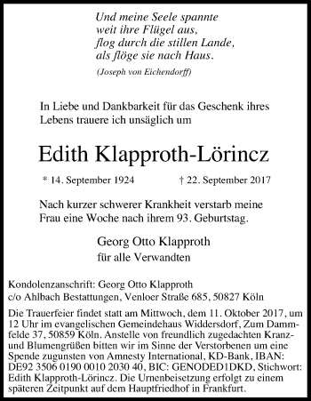 Anzeige von Edith Klapproth-Lörincz von Kölner Stadt-Anzeiger / Kölnische Rundschau / Express