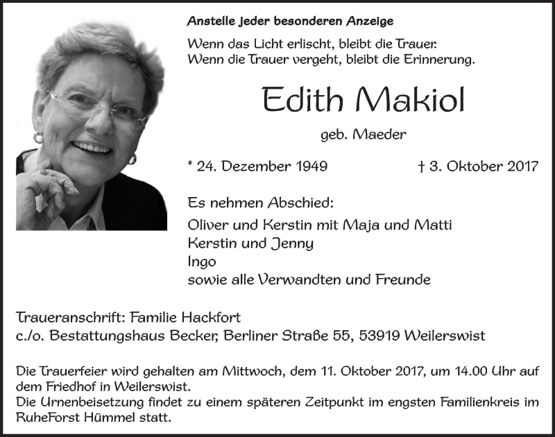  Traueranzeige für Edith Makiol vom 07.10.2017 aus  Blickpunkt Euskirchen 