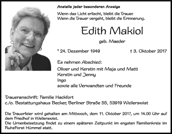 Anzeige von Edith Makiol von Kölner Stadt-Anzeiger / Kölnische Rundschau / Express