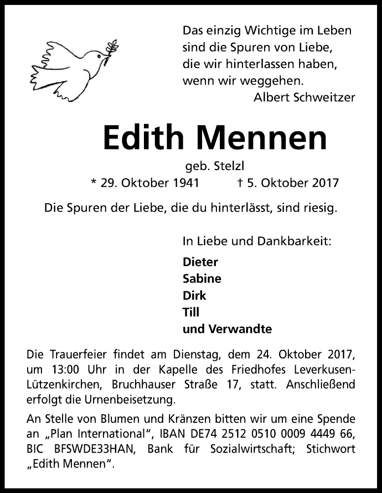  Traueranzeige für Edith Mennen vom 14.10.2017 aus Kölner Stadt-Anzeiger / Kölnische Rundschau / Express