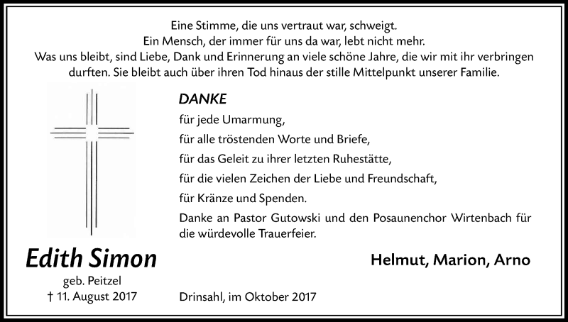  Traueranzeige für Edith Simon vom 07.10.2017 aus Kölner Stadt-Anzeiger / Kölnische Rundschau / Express