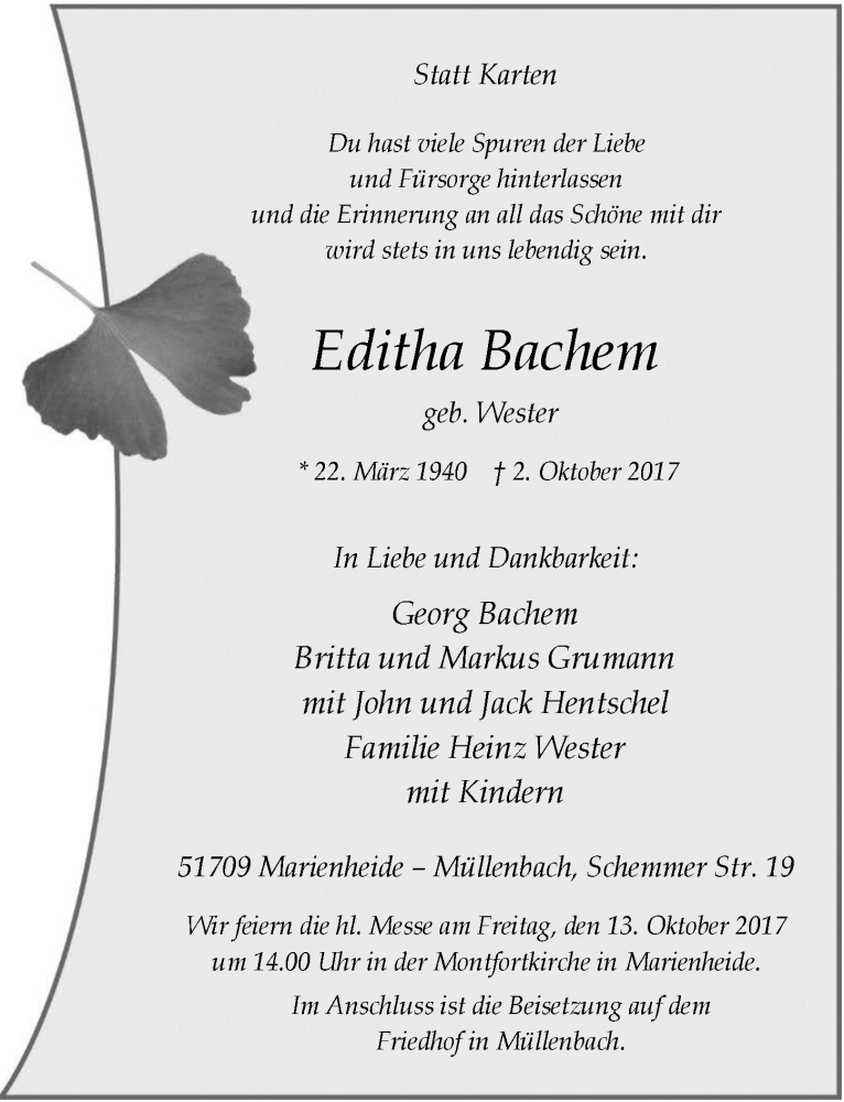  Traueranzeige für Editha Bachem vom 11.10.2017 aus  Anzeigen Echo 