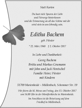 Anzeige von Editha Bachem von  Anzeigen Echo 