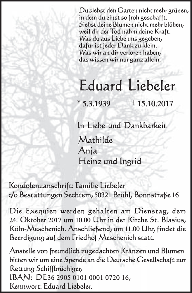  Traueranzeige für Eduard Liebeler vom 18.10.2017 aus  Schlossbote/Werbekurier 