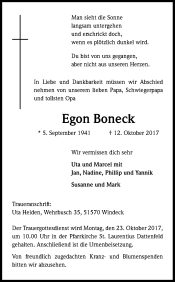 Anzeige von Egon Boneck von Kölner Stadt-Anzeiger / Kölnische Rundschau / Express