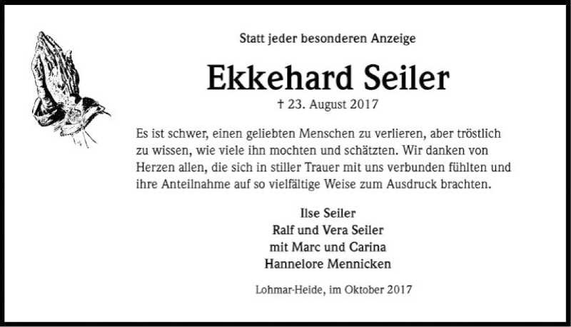  Traueranzeige für Ekkehard Seiler vom 18.10.2017 aus  Extra Blatt 
