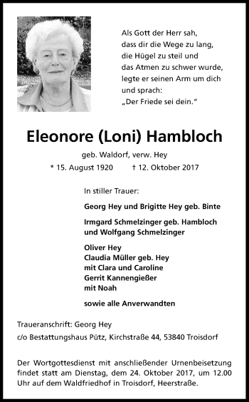 Anzeige von Eleonore Hambloch von Kölner Stadt-Anzeiger / Kölnische Rundschau / Express