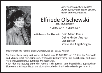 Anzeige von Elfriede Olschewski von  Sonntags-Post 