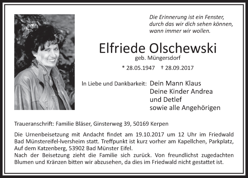  Traueranzeige für Elfriede Olschewski vom 14.10.2017 aus  Sonntags-Post 