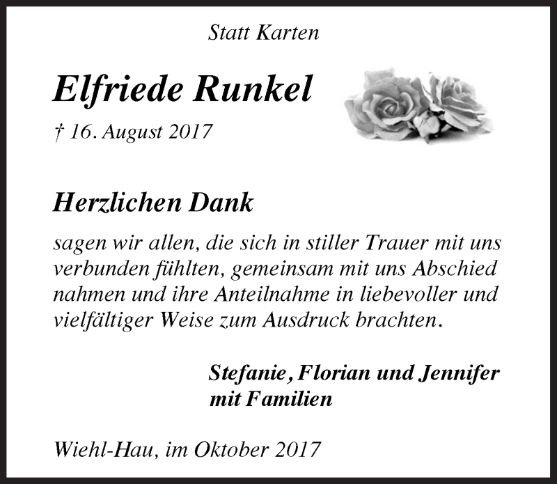  Traueranzeige für Elfriede Runkel vom 18.10.2017 aus  Anzeigen Echo 