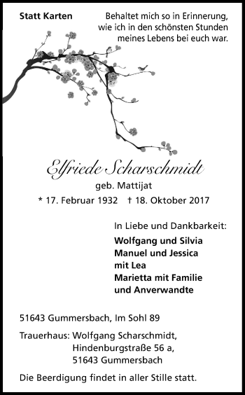 Anzeige von Elfriede Scharschmidt von Kölner Stadt-Anzeiger / Kölnische Rundschau / Express