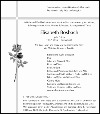 Anzeige von Elisabeth Bosbach von Kölner Stadt-Anzeiger / Kölnische Rundschau / Express