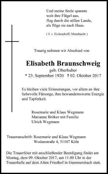 Anzeige von Elisabeth Braunschweig von Kölner Stadt-Anzeiger / Kölnische Rundschau / Express