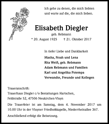 Anzeige von Elisabeth Diegler von Kölner Stadt-Anzeiger / Kölnische Rundschau / Express